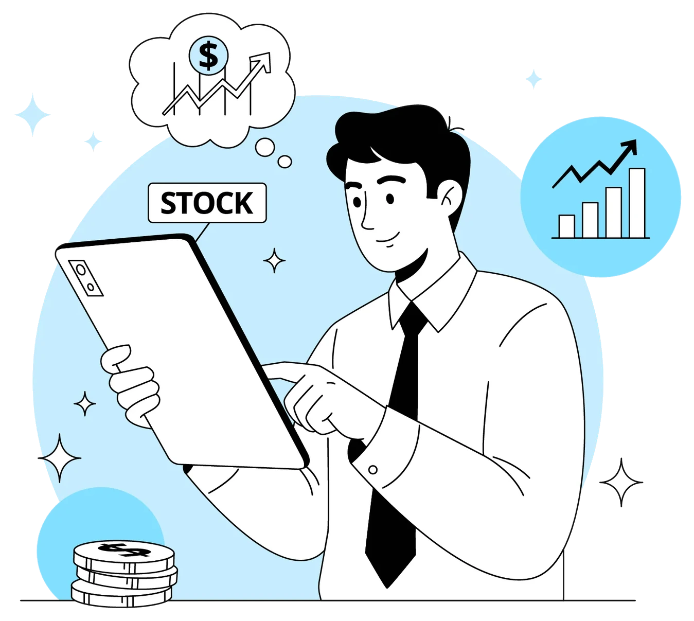 A person reading stock charts on a tablet, with a growth chart in a thought bubble